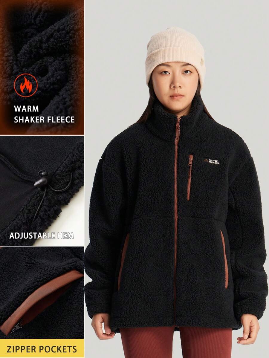 TECTOP 女士户外冲击波夹克秋冬季加厚保暖立领防风拉链口袋 - 黑色 - 查看 1