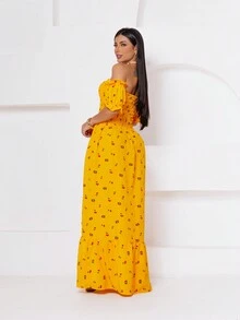 Long Dress With Puff Sleeves, Cherry Print - Yellow - View 4
