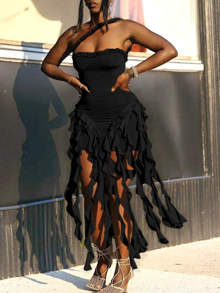 Jellyfish Ruffle Halter Sexy Dress, Graduation Gown Black Summer Party Elegant - Black - View 1
