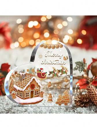 1件室内圣诞装饰品，圣诞小屋饼干人圣诞老人主题图案设计，亚克力心形圣诞派对装饰品，圣诞快乐标牌纪念礼物，餐桌、办公桌、架子上的圣诞装饰，送给家人、朋友的派对礼物（带保护膜）