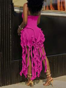 水母荷叶边露背性感连衣裙，毕业礼服派对夏季优雅 - 玫紅色 - 查看 4