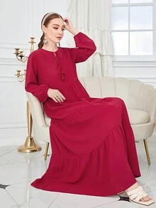Women's Solid Color Round Neck Tie Design Casual Party Outing Arabic Cake Dress Red - Red - View 4