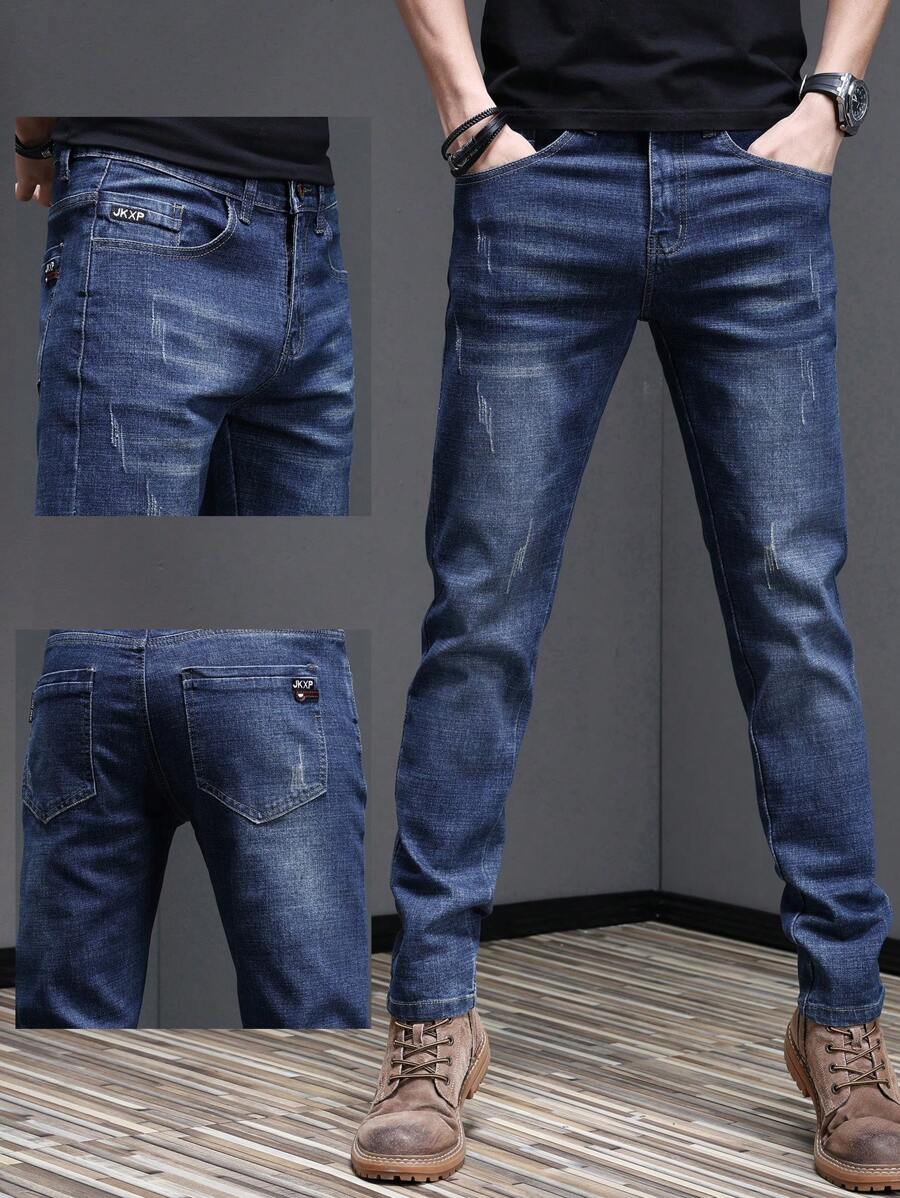 男士猫抓纹理弹力修身锥形口袋直筒牛仔裤，宽松长款，马蹄形水洗，复古蓝，Y2K风格，适合与朋友休闲外出