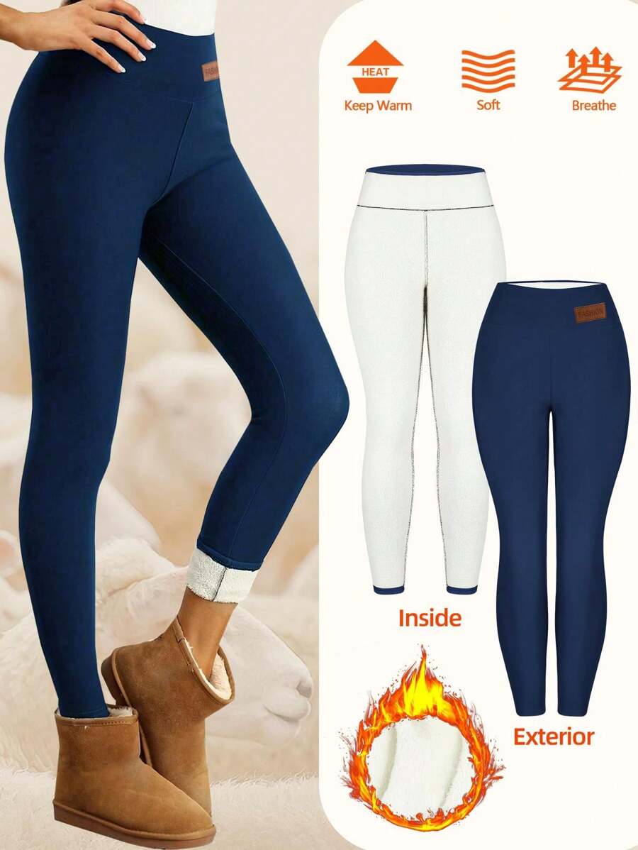 女士天鹅绒弹力紧身裤，秋冬厚款保暖休闲裤 - 藏蓝色 - 查看 1