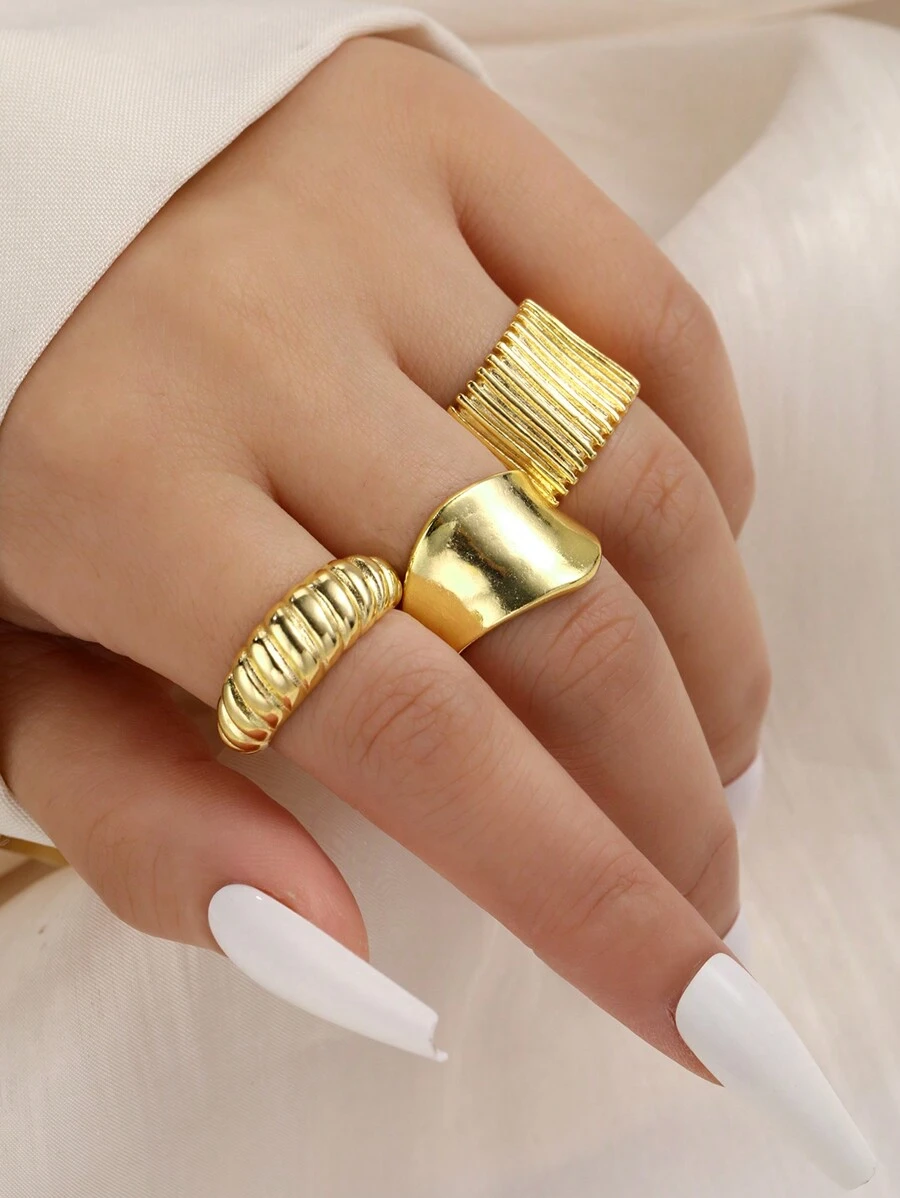 3pcs Exaggerated Asymmetrical Women Rings Set, Casual Daily Wear & Gift For Girlfriend - Style 7 - View 1