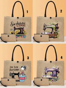 Máquina de coser portátil, Bolso de lona con estampado floral de niña, taza, girasol, hojas verdes, bolso de viaje minimalista, bolsa de cosméticos, bolsa de maquillaje de viaje de gran capacidad, bolso portátil multifuncional - Caqui - Ver 1