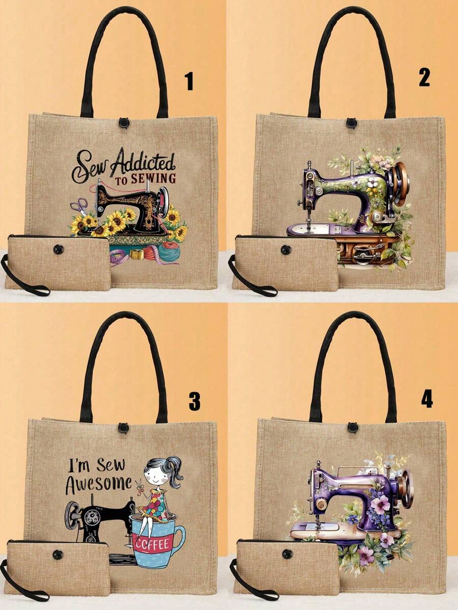 Máquina de coser portátil, Bolso de lona con estampado floral de niña, taza, girasol, hojas verdes, bolso de viaje minimalista, bolsa de cosméticos, bolsa de maquillaje de viaje de gran capacidad, bolso portátil multifuncional - Caqui - Ver 1