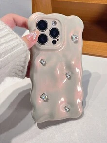 3D 水钻心形立方体纯色波浪图案柔软硅胶手机壳适用于 iPhone 16 15 13 Pro Max 11 12 14 Pro Max 奢华亮面防震手机壳 - 珠光杏色 - 查看 2