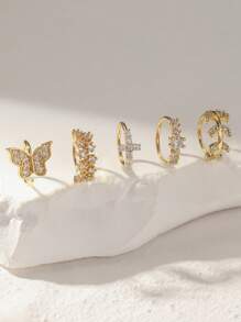 5pcs/Set Copper Zirconia Luxury Fashion Butterfly, Leaf, Cross Nose Hoop Piercing Earrings, Suitable For Women, Christmas, Valentine's Day, Birthday Gift, Halloween, Daily Wear,Mom,Mother,Mother's Day,Gift