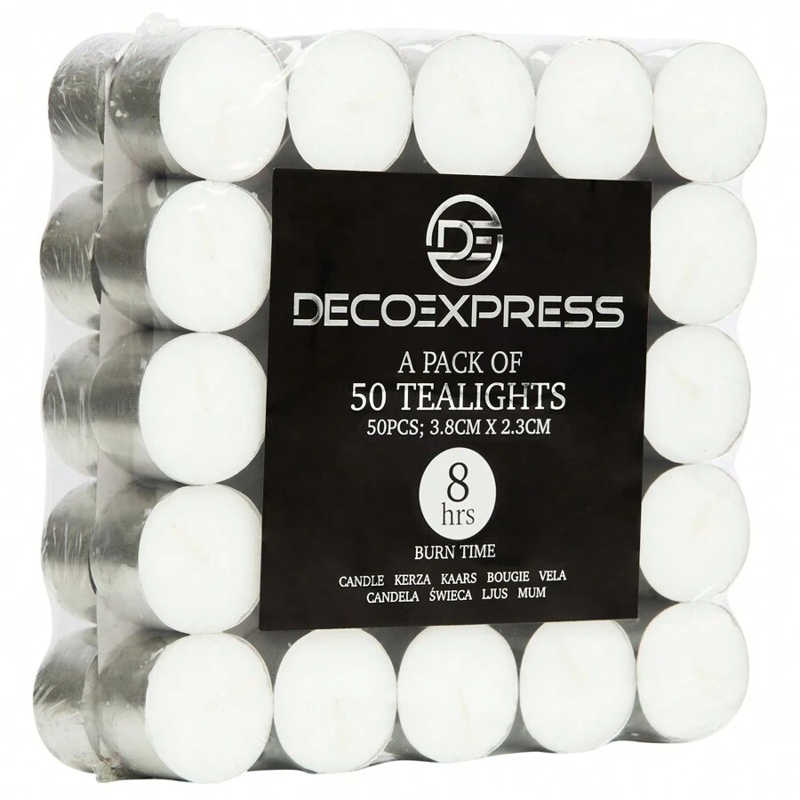 Deco Express Tealight Candles Multipack Of 50 Burning Time 8 Hours Tea Lights - White - View 1
