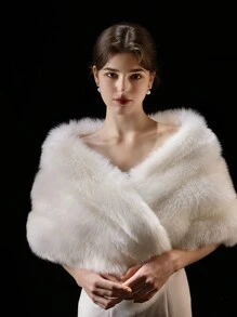 优雅时尚女士蓬松围巾，保暖防风，适合新娘、婚礼、派对、秋冬季 - 白色 - 查看 4