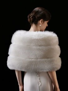 优雅时尚女士蓬松围巾，保暖防风，适合新娘、婚礼、派对、秋冬季 - 白色 - 查看 6