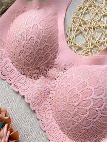 5D Seamless Bra Removable Cup Reinforced Lace Cold Mesh Top High Elasticity - Màu hồng gỉ - Xem 4