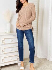 Women's Casual T-Shirt Side Drawstring Ribbed Knit Top Heather Grey Soft Comfy Fabric Long Sleeve Pullover Relaxed Fit V-Neck Hip-Length Solid Pattern Spring/Fall Sweater With Side Drawstring For Daily Wear
