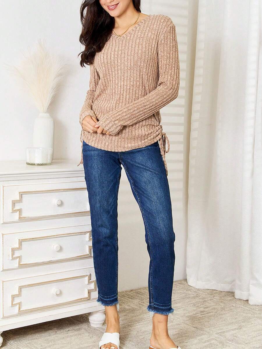 Women's Casual T-Shirt Side Drawstring Ribbed Knit Top Heather Grey Soft Comfy Fabric Long Sleeve Pullover Relaxed Fit V-Neck Hip-Length Solid Pattern Spring/Fall Sweater With Side Drawstring For Daily Wear