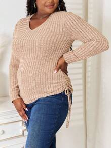 Women's Casual T-Shirt Side Drawstring Ribbed Knit Top Heather Grey Soft Comfy Fabric Long Sleeve Pullover Relaxed Fit V-Neck Hip-Length Solid Pattern Spring/Fall Sweater With Side Drawstring For Daily Wear