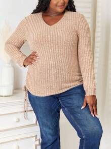 Women's Casual T-Shirt Side Drawstring Ribbed Knit Top Heather Grey Soft Comfy Fabric Long Sleeve Pullover Relaxed Fit V-Neck Hip-Length Solid Pattern Spring/Fall Sweater With Side Drawstring For Daily Wear
