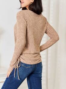 Women's Casual T-Shirt Side Drawstring Ribbed Knit Top Heather Grey Soft Comfy Fabric Long Sleeve Pullover Relaxed Fit V-Neck Hip-Length Solid Pattern Spring/Fall Sweater With Side Drawstring For Daily Wear