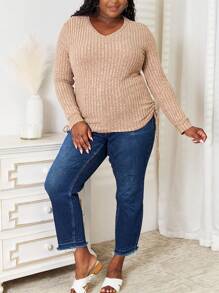 Women's Casual T-Shirt Side Drawstring Ribbed Knit Top Heather Grey Soft Comfy Fabric Long Sleeve Pullover Relaxed Fit V-Neck Hip-Length Solid Pattern Spring/Fall Sweater With Side Drawstring For Daily Wear