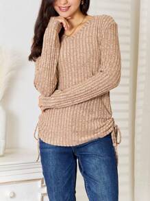 Women's Casual T-Shirt Side Drawstring Ribbed Knit Top Heather Grey Soft Comfy Fabric Long Sleeve Pullover Relaxed Fit V-Neck Hip-Length Solid Pattern Spring/Fall Sweater With Side Drawstring For Daily Wear