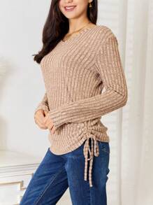Women's Casual T-Shirt Side Drawstring Ribbed Knit Top Heather Grey Soft Comfy Fabric Long Sleeve Pullover Relaxed Fit V-Neck Hip-Length Solid Pattern Spring/Fall Sweater With Side Drawstring For Daily Wear
