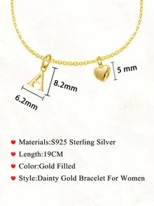 FOREVER QUEEN Vòng tay chuỗi chữ cái viết tắt bằng bạc Sterling S925 mạ vàng 14K Mặt dây chuyền chữ cái A-Z hình trái tim xinh xắn có thể điều chỉnh cho mùa hè dành cho nữ và bé gái tuổi teen - Vàng - Xem 3