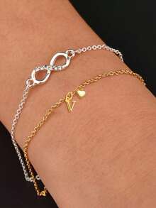 FOREVER QUEEN Vòng tay chuỗi chữ cái viết tắt bằng bạc Sterling S925 mạ vàng 14K Mặt dây chuyền chữ cái A-Z hình trái tim xinh xắn có thể điều chỉnh cho mùa hè dành cho nữ và bé gái tuổi teen - Vàng - Xem 5