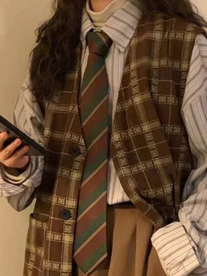 1 件复古风格条纹领带，撞色棕色休闲衬衫领带