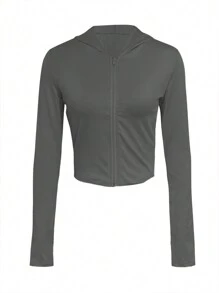 LovelyWholesale Damen Lässig Hooded Kragen Reißverschluss Crop einfach und schlicht für Alltagstragen Strickjacke Frühling Herbst