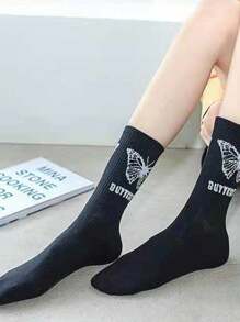 Set de 6 pares/1 par de calcetines de media pantorrilla con estampado de mariposa en negro y blanco, adecuados para primavera, otoño e invierno, con estilo fashionable tipo Ins, se pueden usar con zapatos casuales, tenis, como regalo para niñas, niños, mamá, papá, prendas de invierno para niñas y niños, regalo navideño