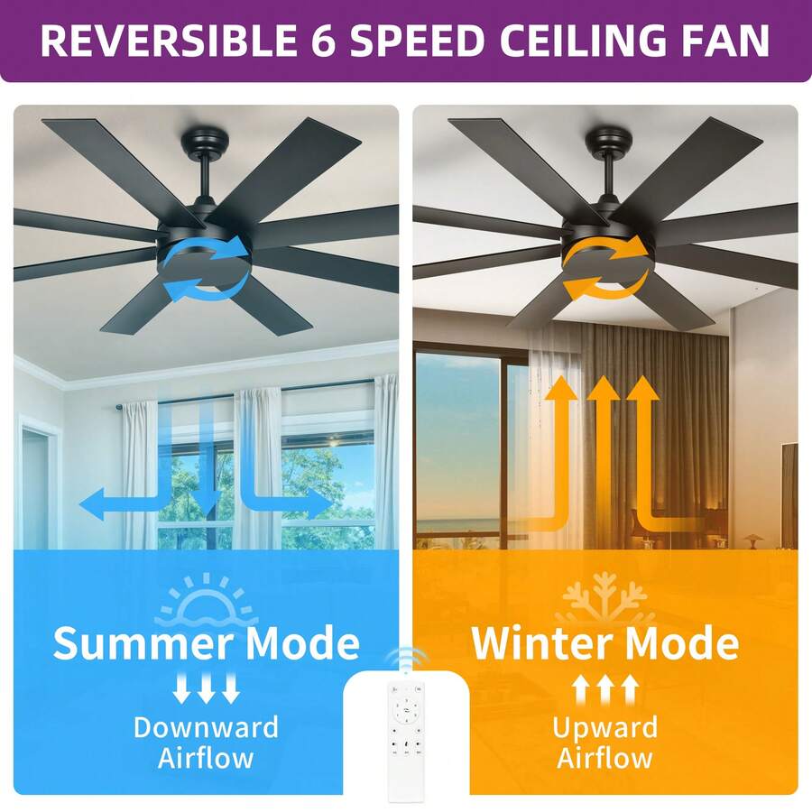 60Inch Black Ceiling Fan Lightless Design With Remote Control And