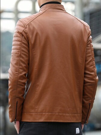 Herr minimalistisk skinnjacka med dragkedja framtill, långärmad, moderiktig, för hösten/vintern