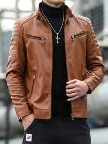 男士前拉链长袖简约皮夹克，时尚，秋冬