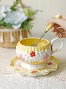1 套欧式手绘花卉陶瓷咖啡杯碟（带勺子），送给男朋友/丈夫的礼物