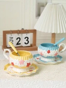 1 套欧式手绘花卉陶瓷咖啡杯碟（带勺子），送给男朋友/丈夫的礼物