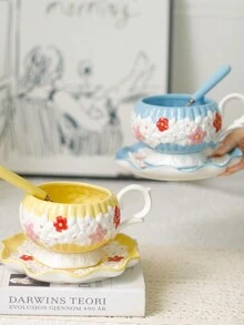 1 套欧式手绘花卉陶瓷咖啡杯碟（带勺子），送给男朋友/丈夫的礼物