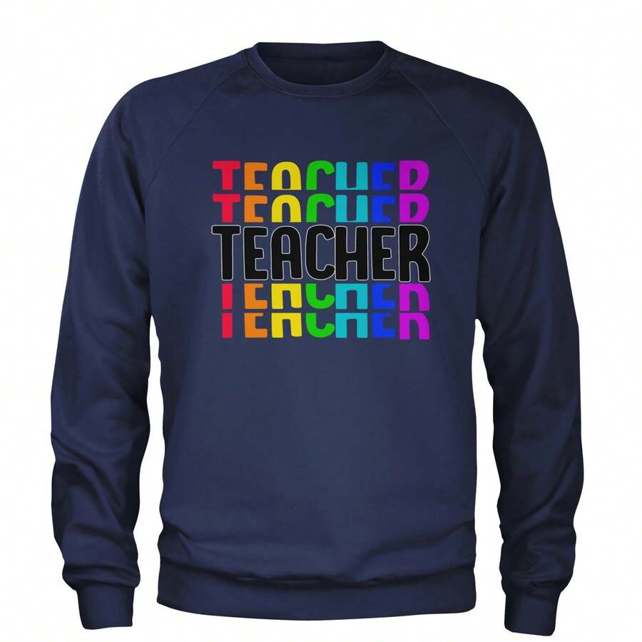 Teacher Repeated Rainbow Pattern Adult Crewneck Sweatshirt - 藏蓝色 - 查看 1