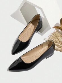 Black Patent Leather Low Heel Pumps, Casual Office Pointed Toe Soft Bottom Comfortable Non-Slip Work Shoes For Women Valentines