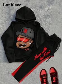 Lonblece 2pcs/Set American Style Hand-Painted Cartoon Portrait Print Knit Hoodie Sweatshirt With Sweatpants For Men, Autumn - Black - View 1