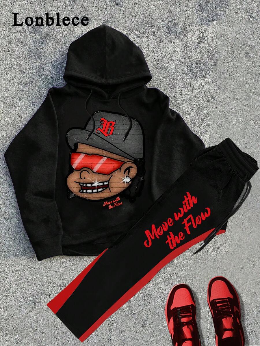 Lonblece 2pcs/Set American Style Hand-Painted Cartoon Portrait Print Knit Hoodie Sweatshirt With Sweatpants For Men, Autumn - Black - View 1