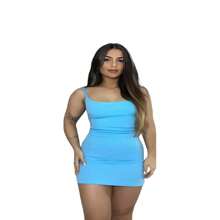 Basic Dress With Simple Straps, Everyday Pattern, Ribbed, Thin Strap, Short Size - Màu xanh nhạt - Xem 2