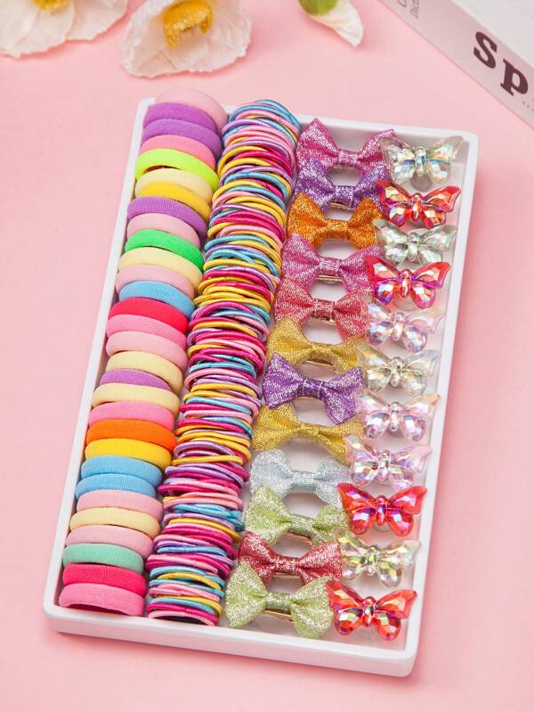 161pcs Multicolor Bowknot Barrette & Elastic Hair Ties Set, Basic Hair Accessories Daily Girls Hairpin