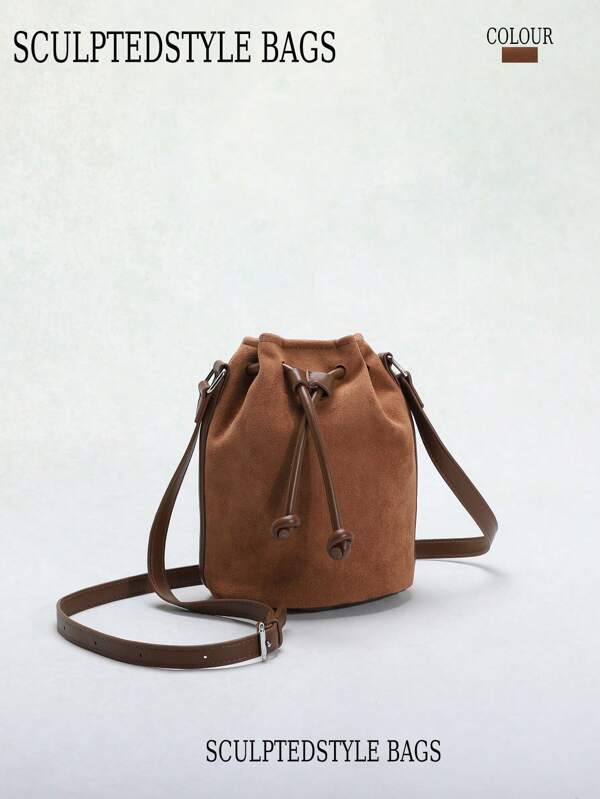 1 pieza Bolso estilo esculpido Bolso de cubo de mujer tipo retro de moda europeo y americano de PU mate con cordón, bolso de mensajero de moda para damas