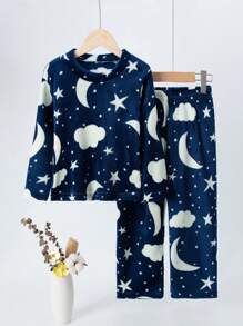 2 件套儿童法兰绒睡衣套装，保暖加厚家居服，适合秋冬季，男孩