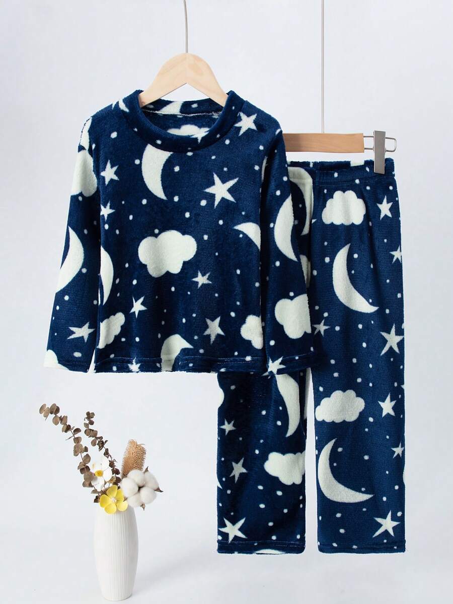 2 件套儿童法兰绒睡衣套装，保暖加厚家居服，适合秋冬季，男孩