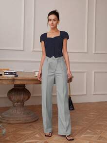 Blusa da donna alla moda, monocolore, con collo a cuore e maniche a campana - blu scuro - Visualizzare 3