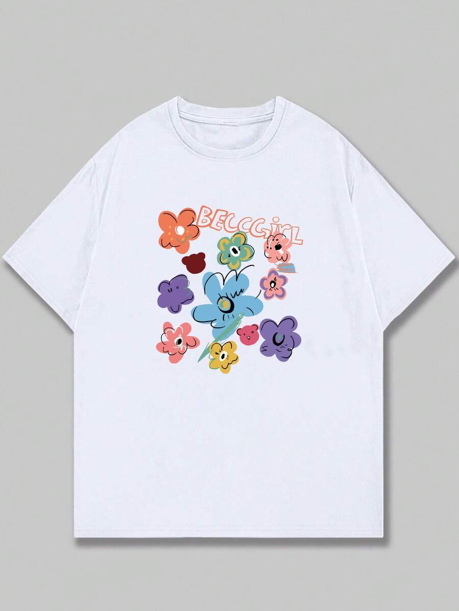Flower T-Shirt Unisex Blouse Premium Print Casual Comfort Streetwear - 白色 - 查看 1