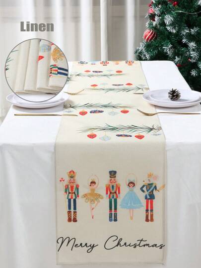 1 件 33 * 183 厘米圣诞风格桌旗，圣诞胡桃夹子设计厚亚麻桌旗，桌布是家庭圣诞派对房间餐桌家居装饰的完美装饰，2025 新年装饰用品，圣诞节装饰，圣诞饰品，圣诞装饰，圣诞装饰，万圣节，万圣节装饰
