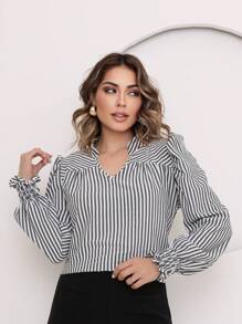 Women's Long Sleeve Striped Blouse With V-Neck And Puffy Skirt - 灰色的 - 查看 1