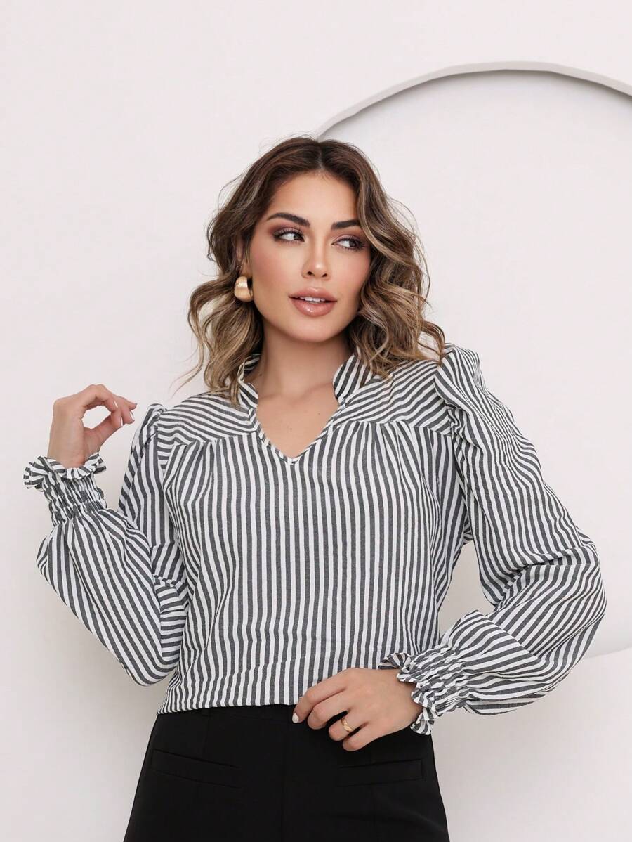 Women's Long Sleeve Striped Blouse With V-Neck And Puffy Skirt - 灰色的 - 查看 1